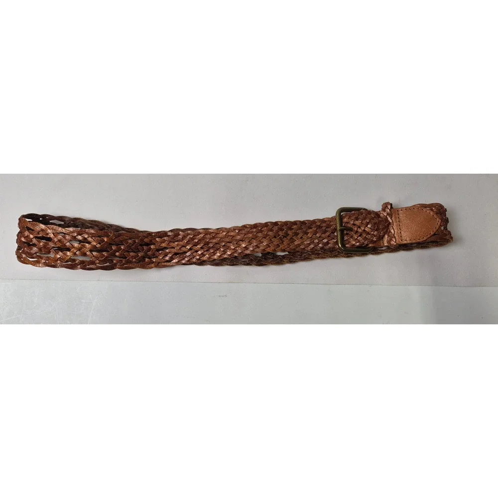 Womens Genuine Leather Braided Belt Metallic Bronze Copper Woven Boho Medium